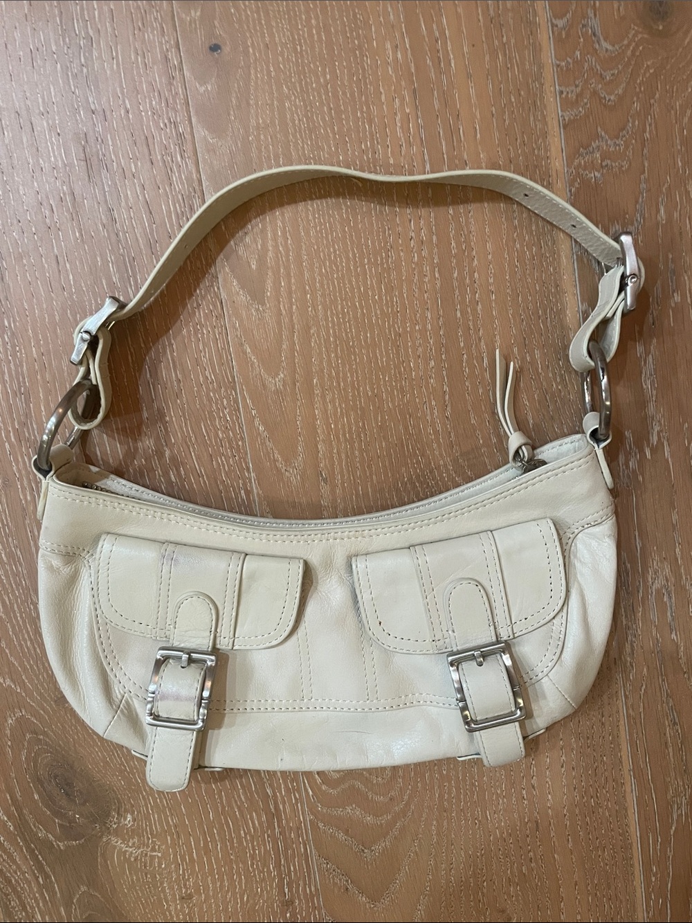 DKNY Cream Leather Shoulder Bag with Buckle Detail